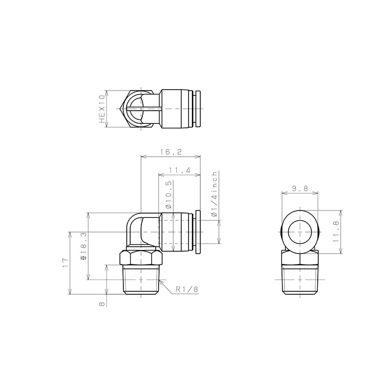 Bản vẽ kỹ thuật Đầu Nối Nhanh Khí Nén Dạng Cong 90° Ren Ngoài Pisco PL1/4-01M