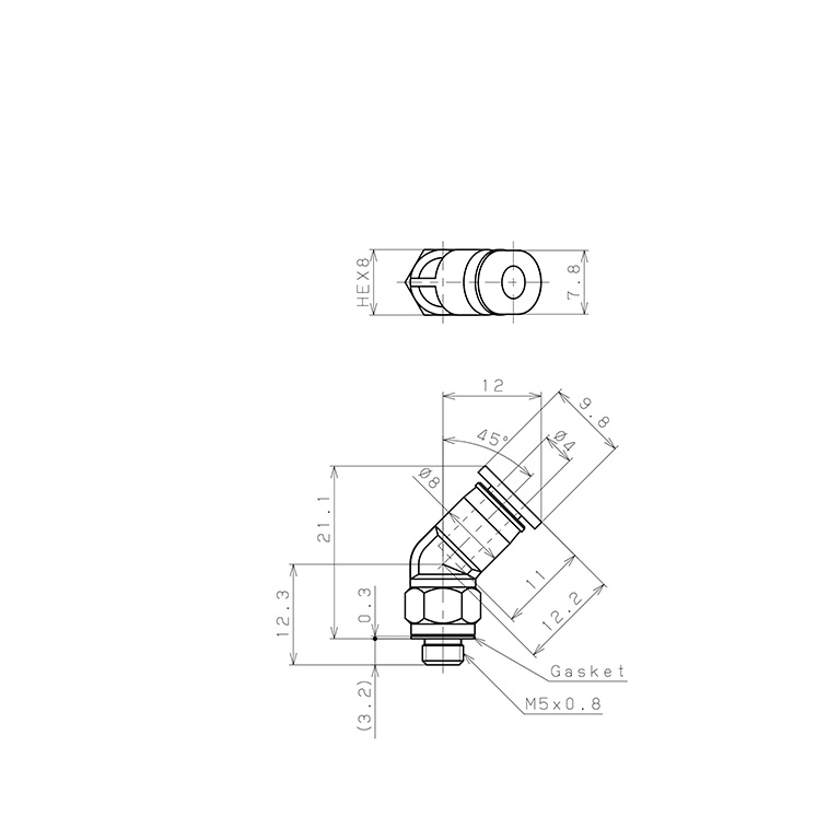 Bản vẽ kỹ thuật Đầu Nối Nhanh Khí Nén Dạng Cong 45° Ren Ngoài Pisco PLH4-M5M-C