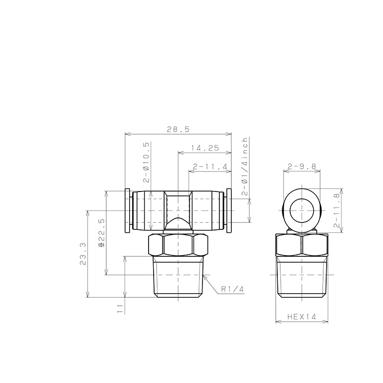 Bản vẽ kỹ thuật Đầu Nối Nhanh Khí Nén Dạng Chữ T Ren Ngoài Pisco PB1/4-02M