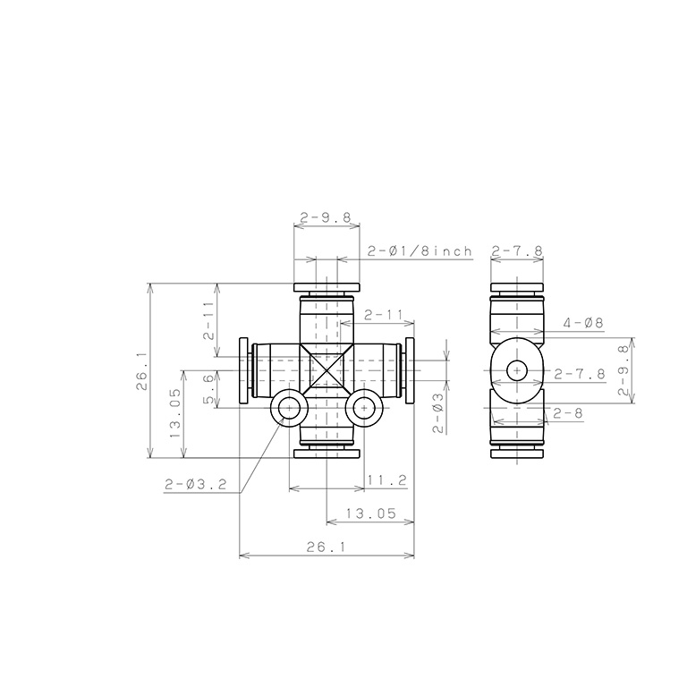 Bản vẽ kỹ thuật Đầu Nối Nhanh Khí Nén Ngã 4 Dạng Nối Giảm Pisco PZB1/8-3MW