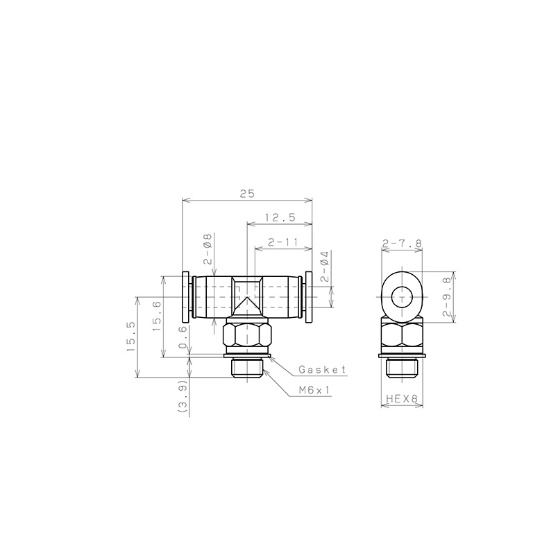 Bản vẽ kỹ thuật Đầu Nối Nhanh Khí Nén Dạng Chữ T Ren Ngoài Pisco PB4-M6MW