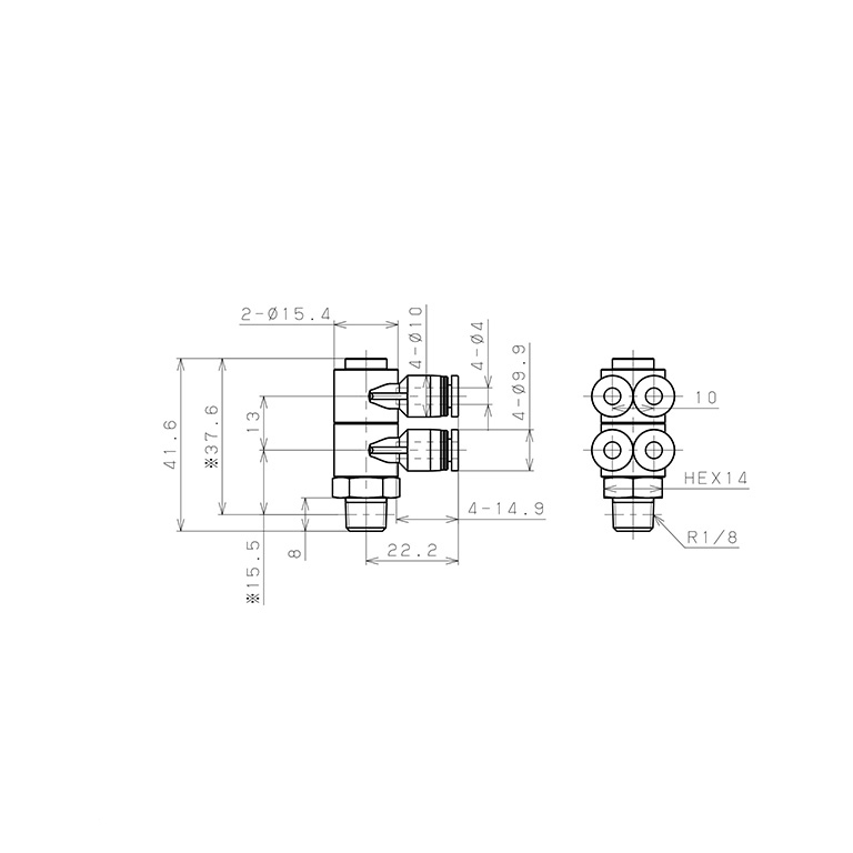 Bản vẽ kỹ thuật Đầu Nối Nhanh Khí Nén Bốn Nhánh Cong 90° Thân Lục Giác Trụ Ren Ngoài Pisco PAW4-01-UC