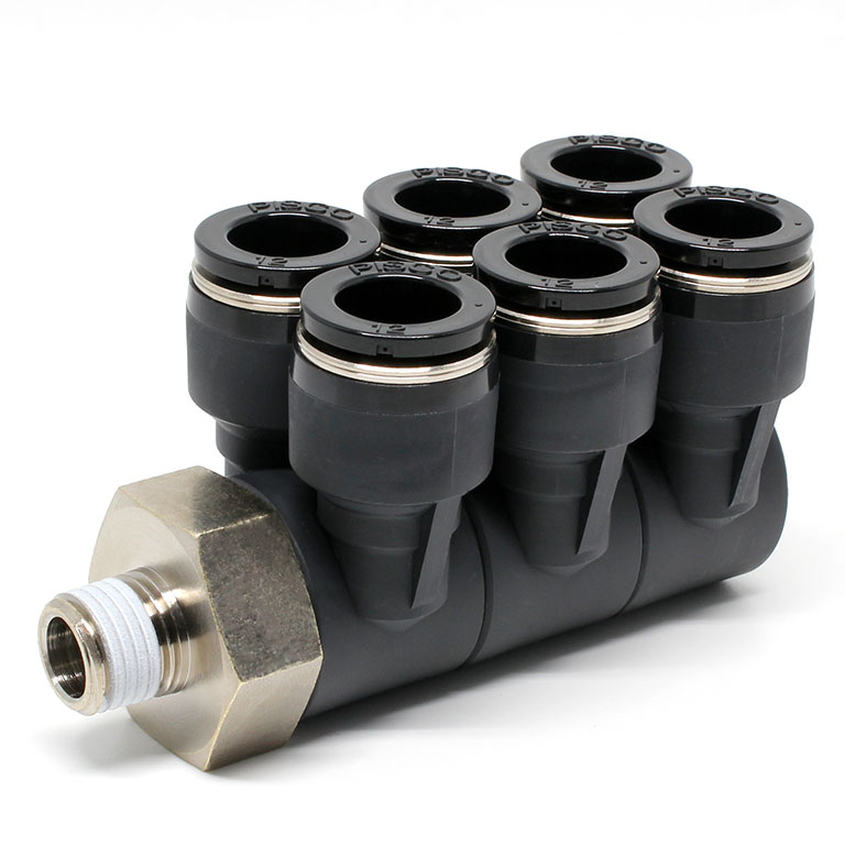 Đầu Nối Nhanh Khí Nén Sáu Nhánh Cong 90° Thân Lục Giác Trụ Ren Ngoài Pisco PAT12-02-C
