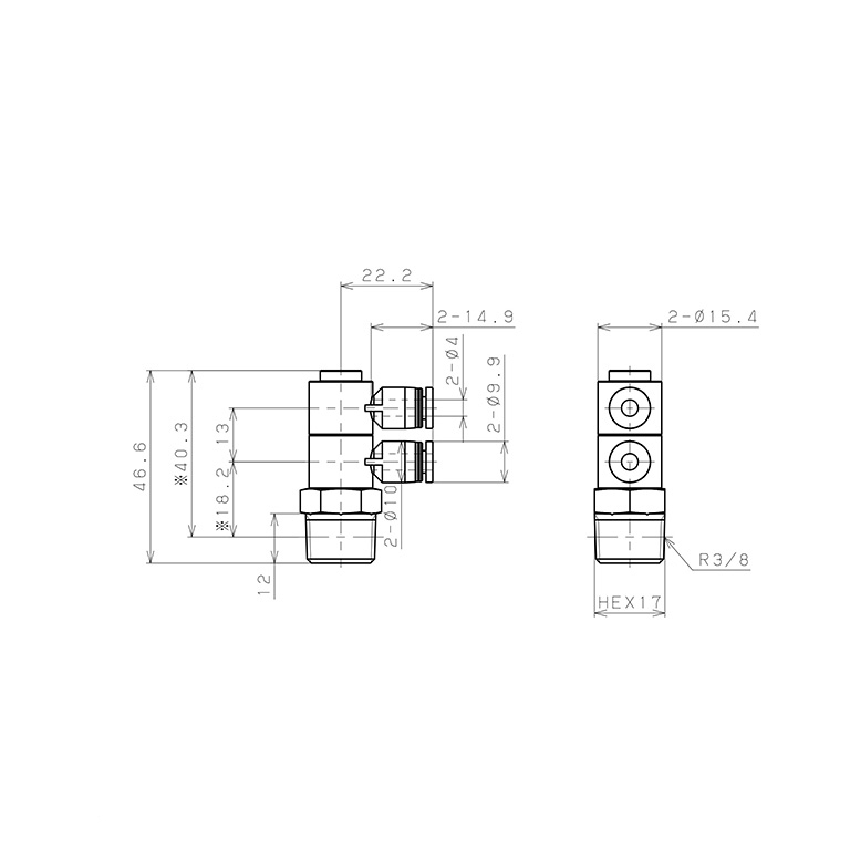 Bản vẽ kỹ thuật Đầu Nối Nhanh Khí Nén Hai Nhánh Cong 90° Thân Lục Giác Trụ Ren Ngoài Pisco PHW4-03