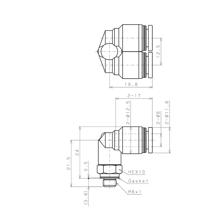 Bản vẽ kỹ thuật Đầu Nối Nhanh Khí Nén Hai Nhánh Cong 90° Ren Ngoài Pisco PAX6-M6