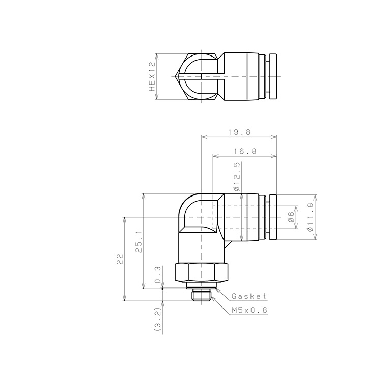 Bản vẽ kỹ thuật Đầu Nối Nhanh Khí Nén Dạng Cong 90° Ren Ngoài Pisco SPL6-M5