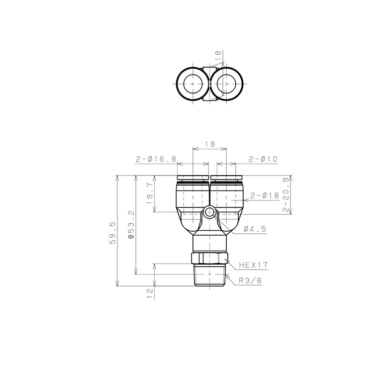 Bản vẽ kỹ thuật Đầu Nối Nhanh Khí Nén Dạng Chữ Y Ren Ngoài Pisco PPX10-03-C