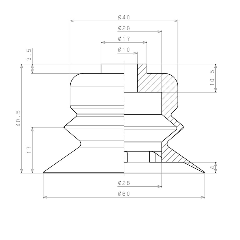 Bản vẽ kỹ thuật Đầu Nấm Hút Chân Không Dạng Lò Xo, Nitrile, O.D 60 mm, Pisco VP60BN