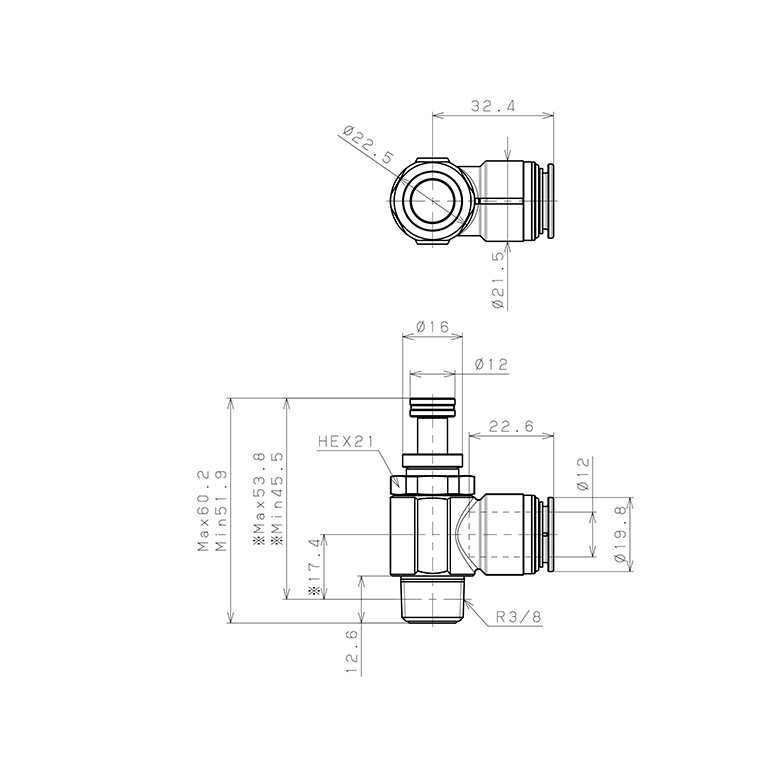 Bản vẽ kỹ thuật Van Tiết Lưu Khí Nén Chân Kim, Đồng Mạ Niken Pisco KJNC12-03-1-F