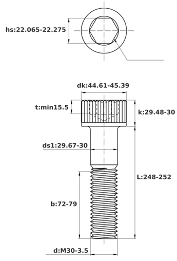 Bản vẽ kỹ thuật Lục Giác Chìm Đầu Trụ Thép Đen 12.9 DIN912 M30x250 Ren Lửng