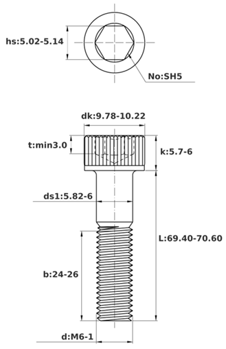 Bản vẽ kỹ thuật Lục Giác Chìm Đầu Trụ Inox 304 DIN912 M6x70 Ren Lửng