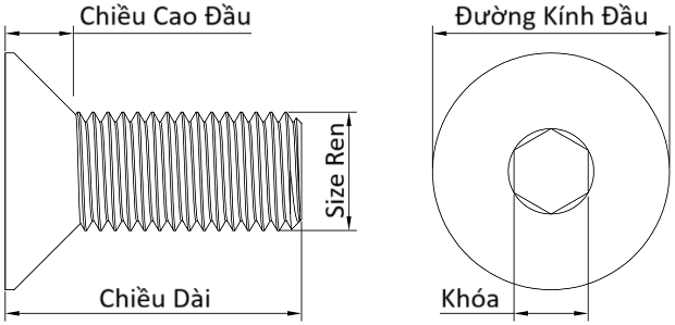 Bản vẽ kỹ thuật Lục Giác Chìm Col Thép Đen 12.9 DIN7991 M8x16 (25Cái/Bịch)