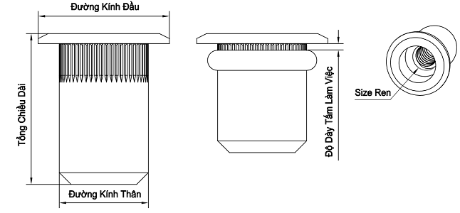 Bản vẽ kỹ thuật Tán Rút (Nutsert) Inox 304 M6