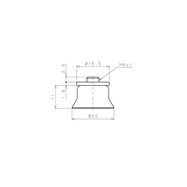 Bản vẽ kỹ thuật Bộ Nấm Hút Chân Không Có Vít Ren, Cao Su Fluoro, O.D 20 mm, Pisco VP20AF-M6
