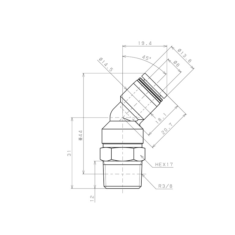 Bản vẽ kỹ thuật Đầu Nối Nhanh Khí Nén Dạng Cong 45° Ren Ngoài Pisco PLH8-03W