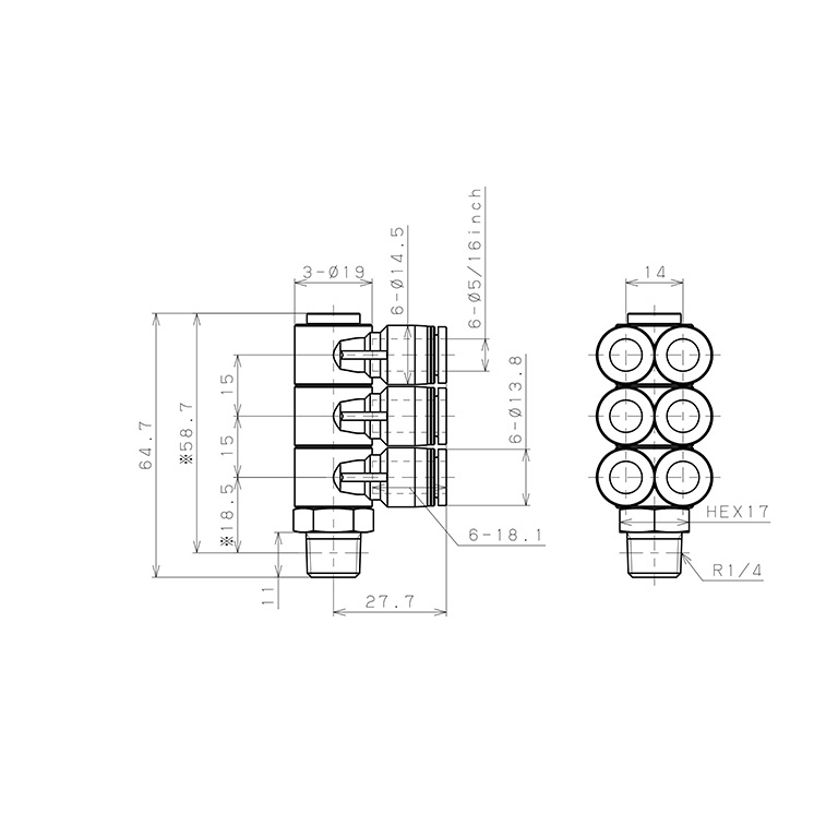 Bản vẽ kỹ thuật Đầu Nối Nhanh Khí Nén Sáu Nhánh Cong 90° Thân Lục Giác Trụ Ren Ngoài Pisco PAT5/16-02