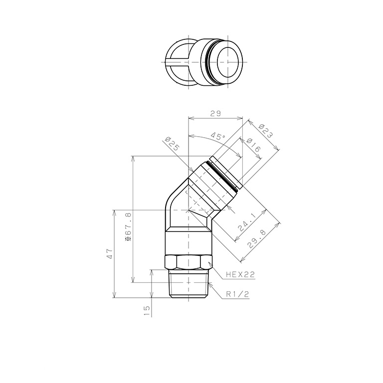 Bản vẽ kỹ thuật Đầu Nối Nhanh Khí Nén Dạng Cong 45° Ren Ngoài Pisco PLH16-04-C