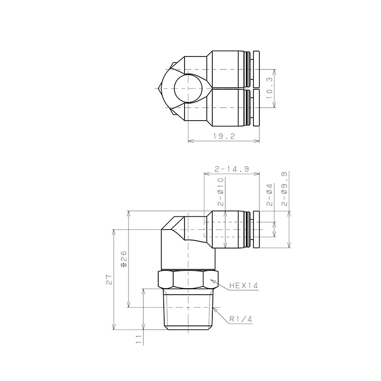 Bản vẽ kỹ thuật Đầu Nối Nhanh Khí Nén Hai Nhánh Cong 90° Ren Ngoài Pisco PAX4-02W