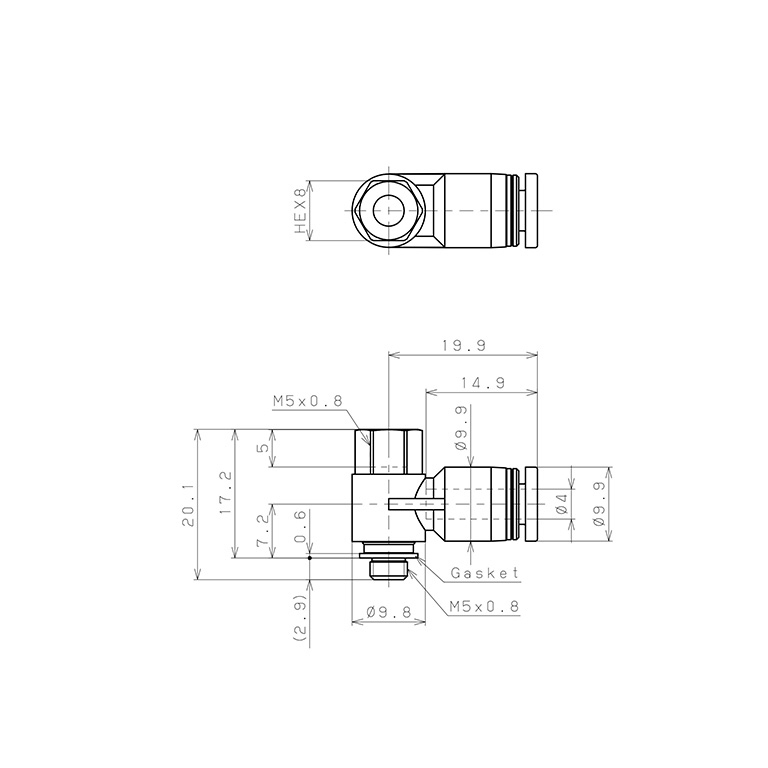 Bản vẽ kỹ thuật Đầu Nối Nhanh Khí Nén Cong 90° Đầu Lục Giác Trụ Ren Đực Cái Pisco PHF4-M5