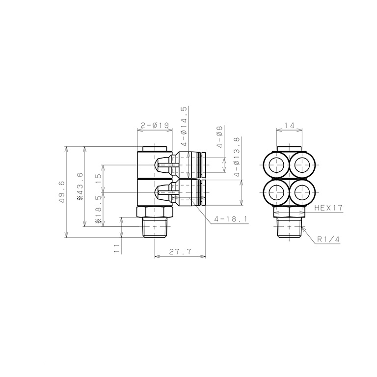 Bản vẽ kỹ thuật Đầu Nối Nhanh Khí Nén Bốn Nhánh Cong 90° Thân Lục Giác Trụ Ren Ngoài Pisco PAW8-02W