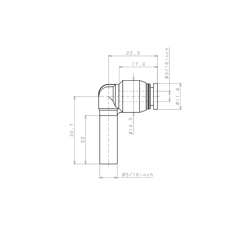 Bản vẽ kỹ thuật Đầu Nối Nhanh Khí Nén Giữa Ống Khí Và Fitting Dạng Nối Giảm Cong 90° Pisco PLGJ5/16-3/16