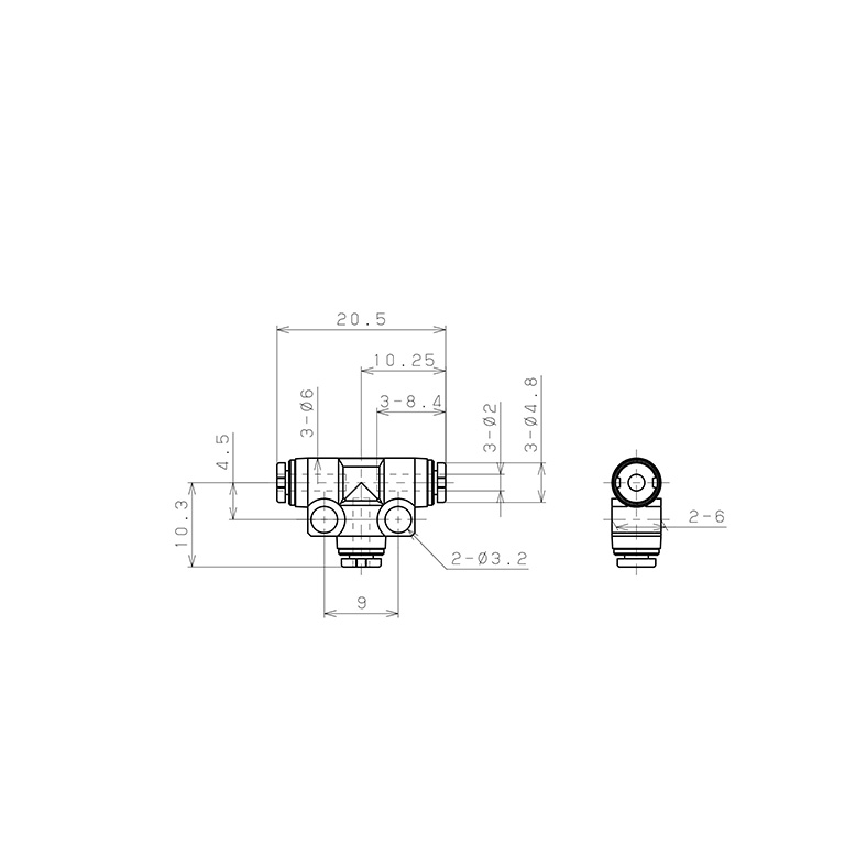 Bản vẽ kỹ thuật Đầu Nối Nhanh Khí Nén Chữ T Pisco PE2M-C