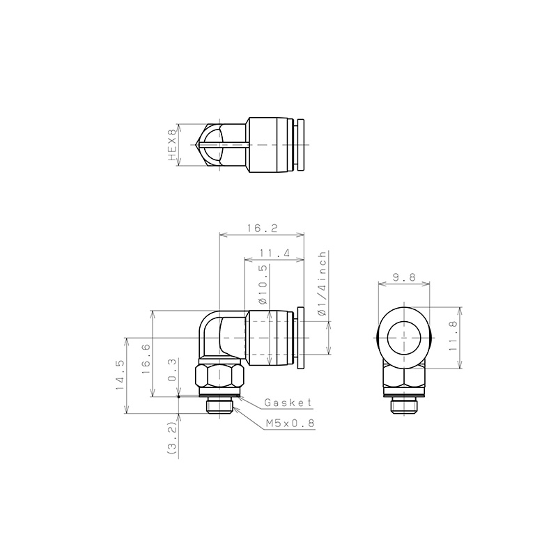 Bản vẽ kỹ thuật Đầu Nối Nhanh Khí Nén Dạng Cong 90° Ren Ngoài Pisco PL1/4-M5M-C