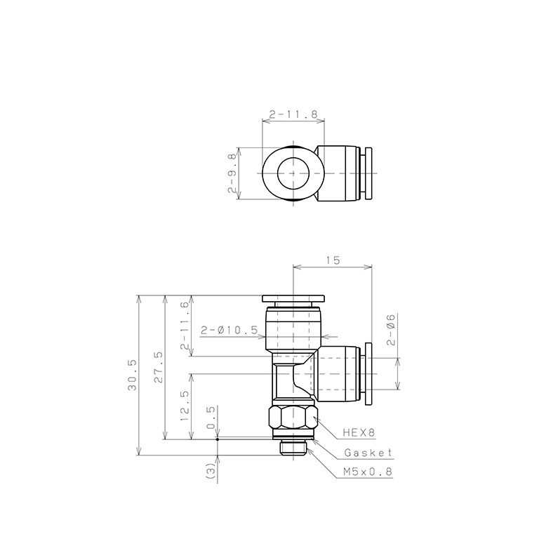 Bản vẽ kỹ thuật Đầu Nối Nhanh Khí Nén Dạng Chữ T Ren Ngoài Pisco PD6-M5MW