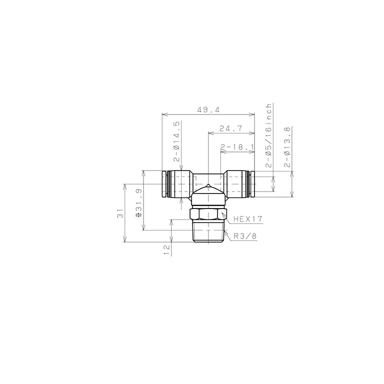 Bản vẽ kỹ thuật Đầu Nối Nhanh Khí Nén Dạng Chữ T Ren Ngoài Pisco PB5/16-03W