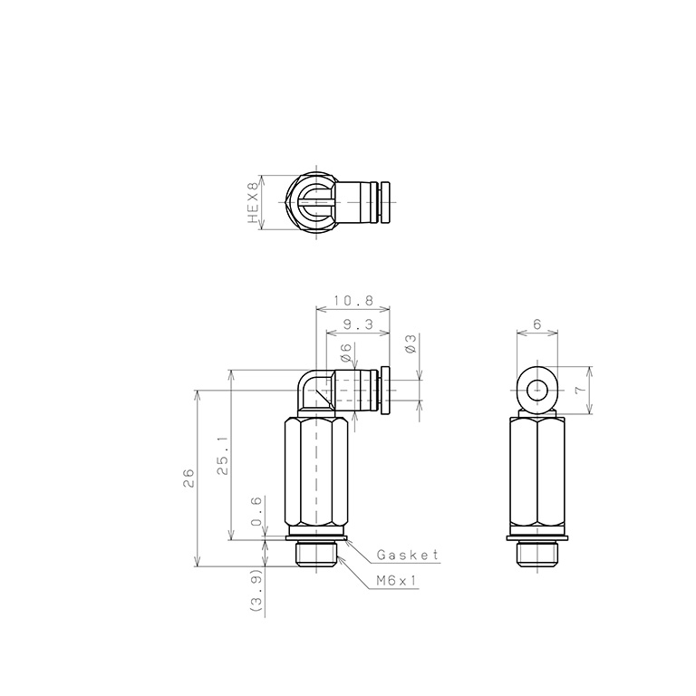 Bản vẽ kỹ thuật Đầu Nối Nhanh Khí Nén Dạng Cong 90° Ren Ngoài (Dài) Pisco PLL3-M6M