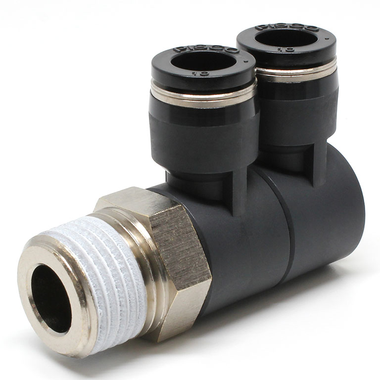 Đầu Nối Nhanh Khí Nén Hai Nhánh Cong 90° Thân Lục Giác Trụ Ren Ngoài Pisco PHW10-04W