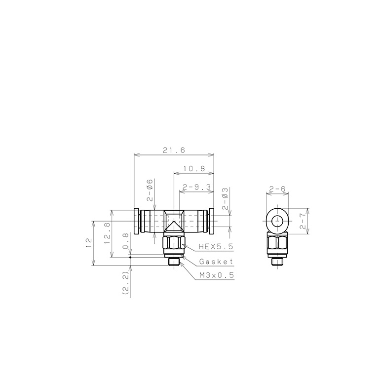 Bản vẽ kỹ thuật Đầu Nối Nhanh Khí Nén Dạng Chữ T Ren Ngoài Pisco PB3-M3M-C