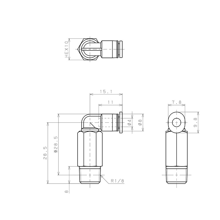 Bản vẽ kỹ thuật Đầu Nối Nhanh Khí Nén Dạng Cong 90° Ren Ngoài (Dài) Pisco PLL4-01M-C