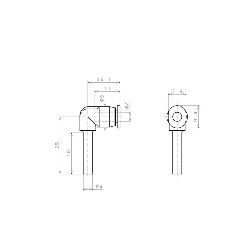 Bản vẽ kỹ thuật Đầu Nối Nhanh Khí Nén Giữa Ống Khí Và Fitting Dạng Cong 90° Pisco PLJ4MW-C