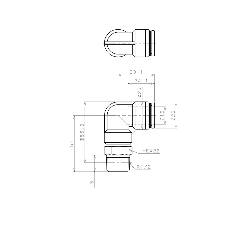 Bản vẽ kỹ thuật Đầu Nối Nhanh Khí Nén Dạng Cong 90° Ren Ngoài Pisco PL16-04-UC