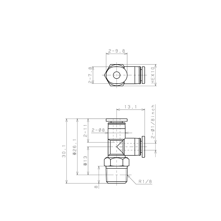 Bản vẽ kỹ thuật Đầu Nối Nhanh Khí Nén Dạng Chữ T Ren Ngoài Pisco PD1/8-01M