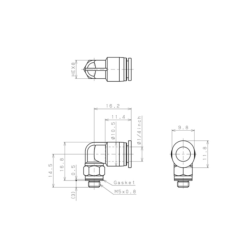 Bản vẽ kỹ thuật Đầu Nối Nhanh Khí Nén Dạng Cong 90° Ren Ngoài Pisco PL1/4-M5M