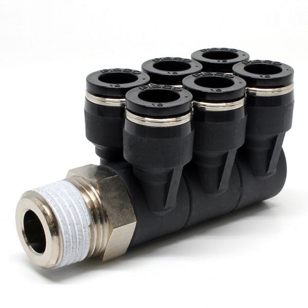 Đầu Nối Nhanh Khí Nén Sáu Nhánh Cong 90° Thân Lục Giác Trụ Ren Ngoài Pisco PAT10-04W