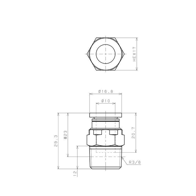 Bản vẽ kỹ thuật Đầu Nối Nhanh Khí Nén Dạng Thẳng Thân Lục Giác Ren Ngoài Pisco PC10-03EG