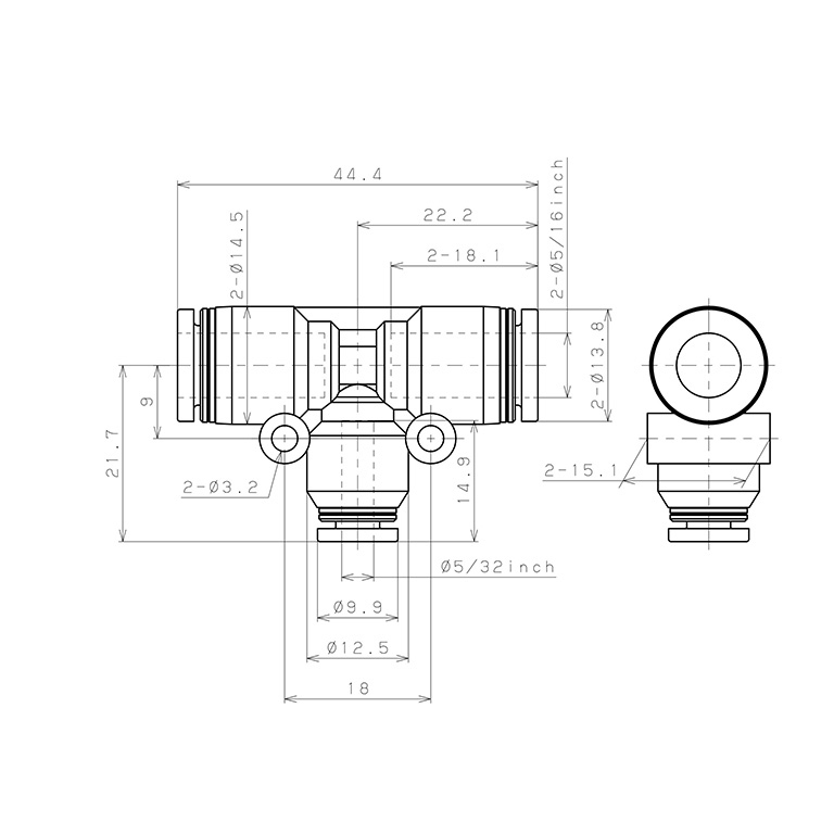 Bản vẽ kỹ thuật Đầu Nối Nhanh Khí Nén Chữ T Dạng Nối Giảm Pisco PEG5/16-5/32