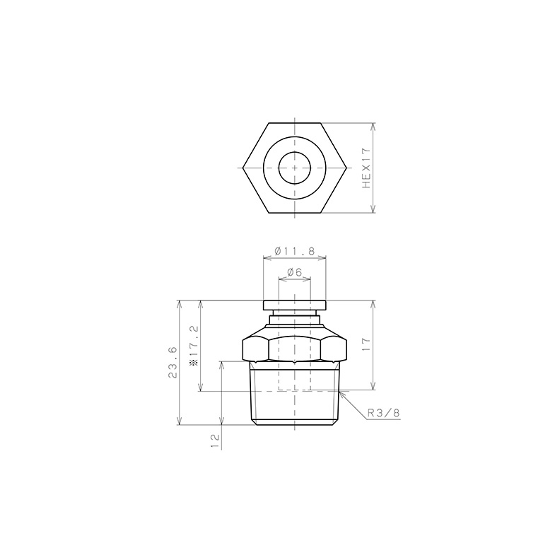 Bản vẽ kỹ thuật Đầu Nối Nhanh Khí Nén Dạng Thẳng Thân Lục Giác Ren Ngoài Pisco SPPC6-03SP