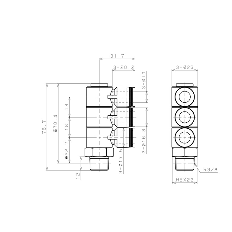 Bản vẽ kỹ thuật Đầu Nối Nhanh Khí Nén Ba Nhánh Cong 90° Thân Lục Giác Trụ Ren Ngoài Pisco PHT10-03W-C