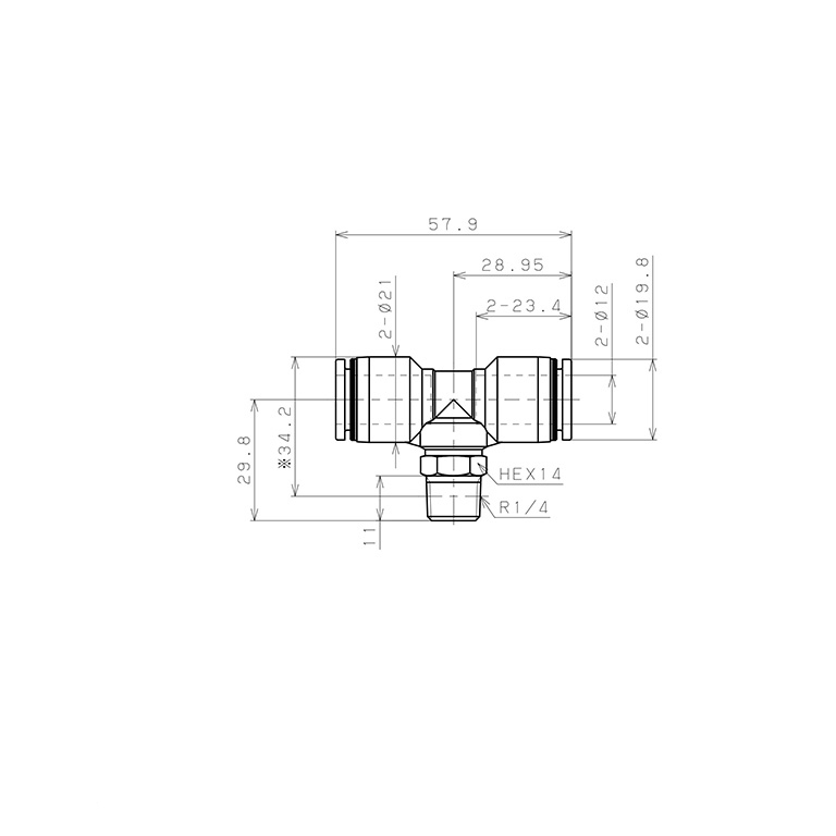 Bản vẽ kỹ thuật Đầu Nối Nhanh Khí Nén Dạng Chữ T Ren Ngoài Pisco PB12-02-C