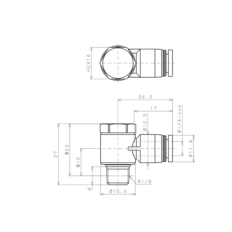 Bản vẽ kỹ thuật Đầu Nối Nhanh Khí Nén Cong 90° Đầu Lục Giác Trụ Ren Ngoài Pisco PH1/4-01