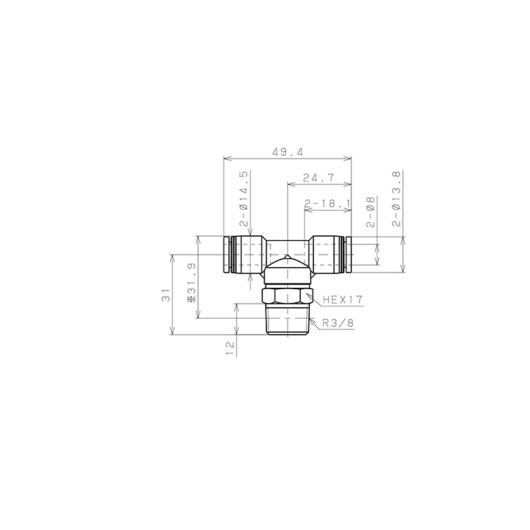 Bản vẽ kỹ thuật Đầu Nối Nhanh Khí Nén Dạng Chữ T Ren Ngoài Pisco PB8-03