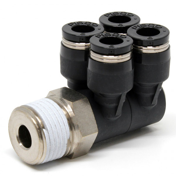 Đầu Nối Nhanh Khí Nén Bốn Nhánh Cong 90° Thân Lục Giác Trụ Ren Ngoài Pisco PAW6-03