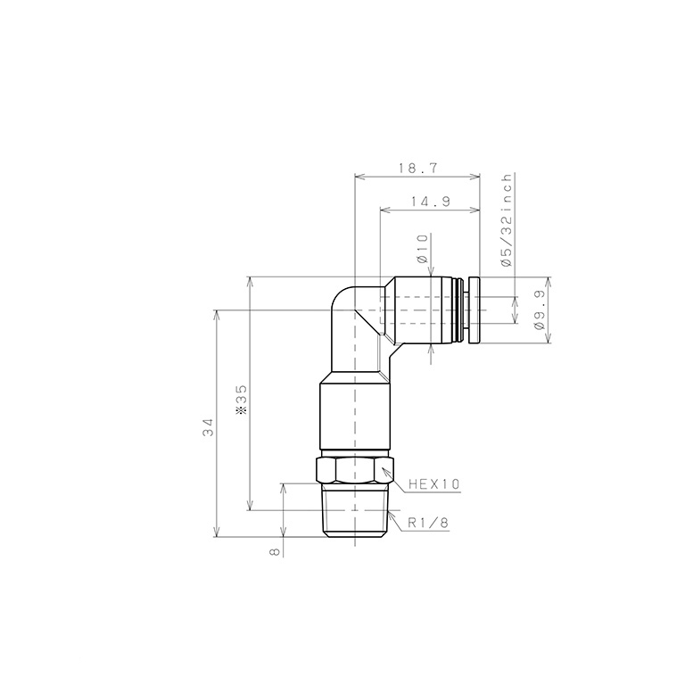 Bản vẽ kỹ thuật Đầu Nối Nhanh Khí Nén Dạng Cong 90° Ren Ngoài (Dài) Pisco PLL5/32-01W
