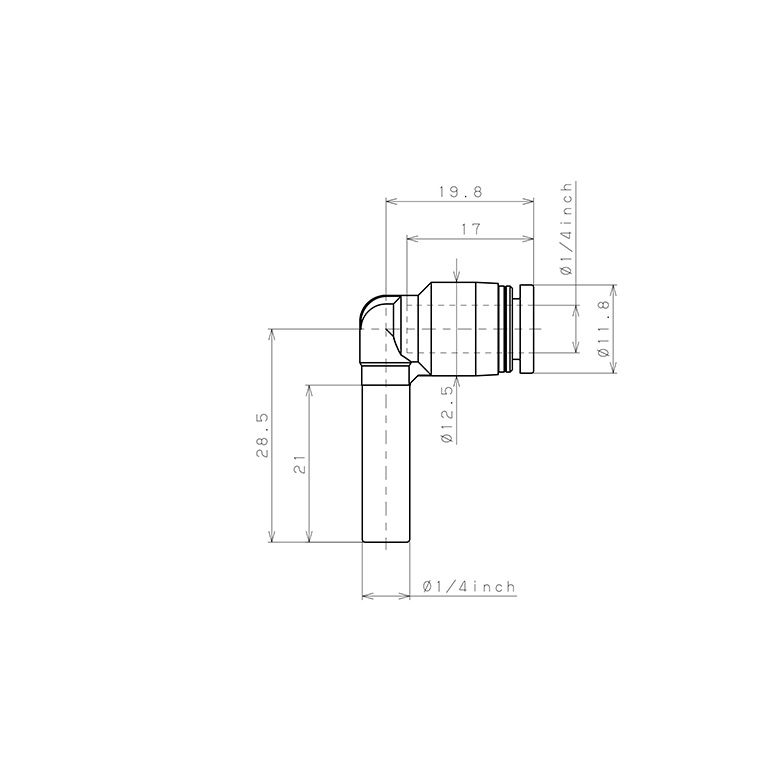 Bản vẽ kỹ thuật Đầu Nối Nhanh Khí Nén Giữa Ống Khí Và Fitting Dạng Cong 90° Pisco PLJ1/4-C
