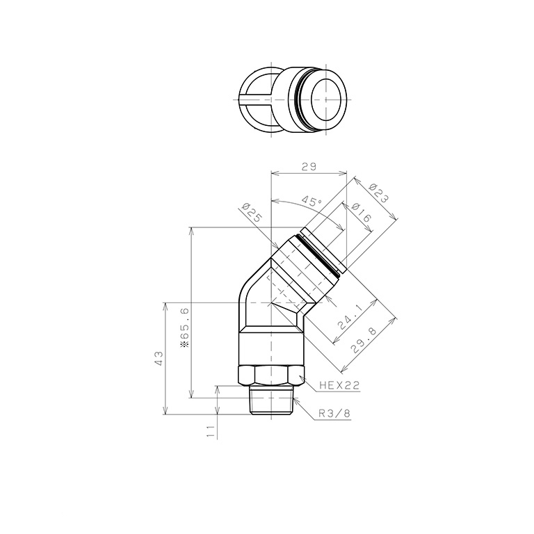 Bản vẽ kỹ thuật Đầu Nối Nhanh Khí Nén Dạng Cong 45° Ren Ngoài Pisco PLH16-03