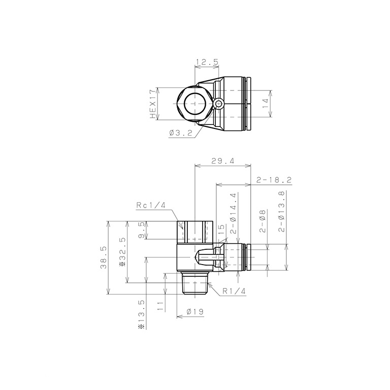 Bản vẽ kỹ thuật Đầu Nối Nhanh Khí Nén Hai Nhánh Cong 90° Đầu Lục Giác Trụ Ren Đực Cái Pisco PAF8-02-C